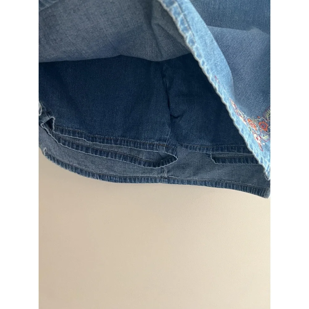 Vintage Y2K 90s Denim Skort Blue Denim Embroidered Floral Mini Boho Cottage